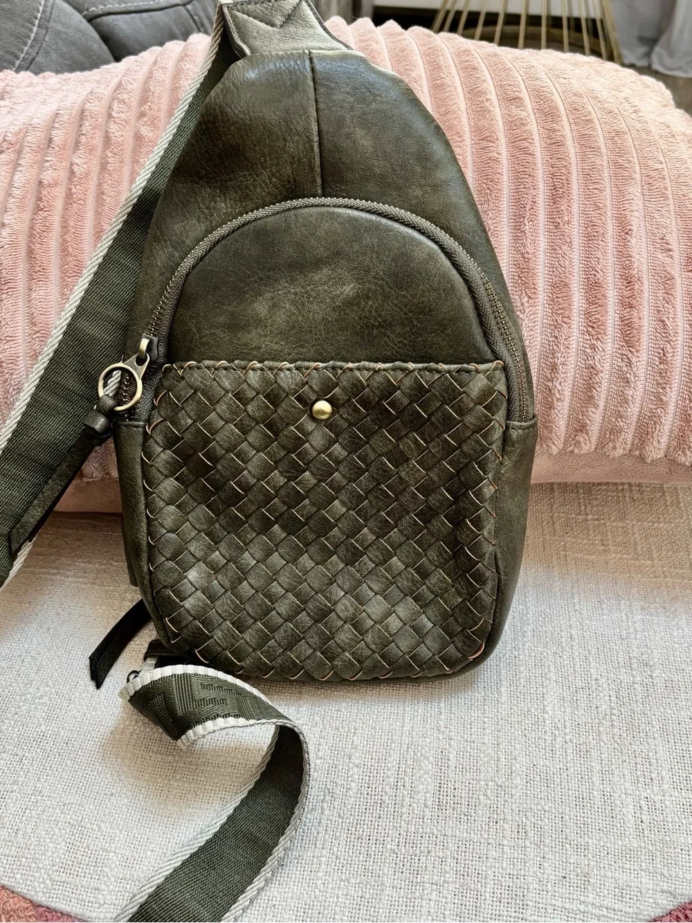 Woven Accent Olive Green Crossbody Sling Bag